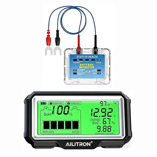12V Battery Tester Wireless Battery Monitor 433MHz Wireless Battery Tester with Cranking Charging Test/Voltage/Temperature/Alarm/Real-Time Monitoring for Car, Motor, RV, Truck, Boat,Golf Cart, Solar