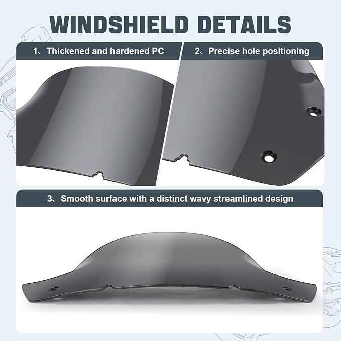 9" Motorcycle Windshield Accessories Fits Harley Touring 2023.5-Later Street Glide Models (Light Gray)