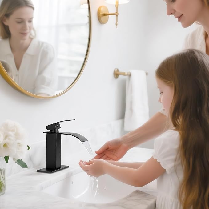 Matte Black Bathroom Faucets, Waterfall Bathroom Sink Faucet Modern Single Handle Bathroom Faucte 1 or 3 Hole, RV Mixer Tap Vanity Faucet - Includes Pop-up Drain Supply Hoses Deck Plate
