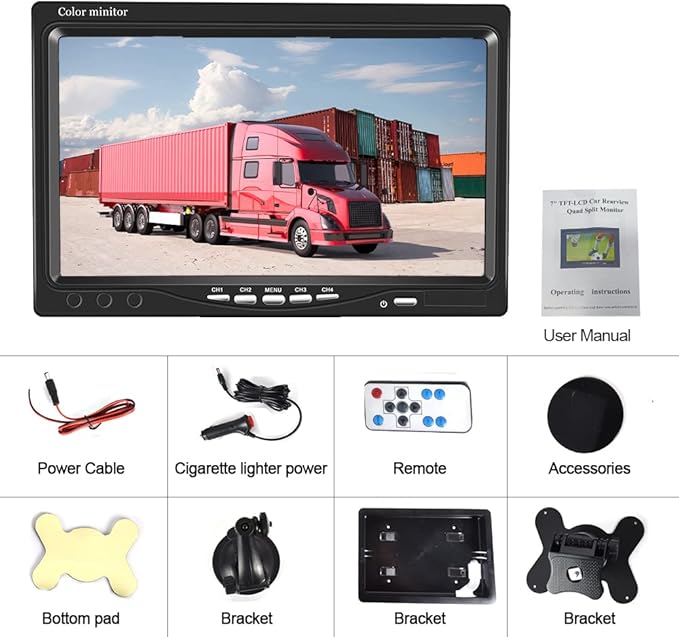 Hikity 7 Inch Vehicle Backup Camera Monitor only, Quad Split HD LCD Display Screen, Car Monitor for SUV Van RV Truck, V1/V2/V3/V4 Video Input, 9V/36V + Headrest Mounting Bracket & Dash Stand