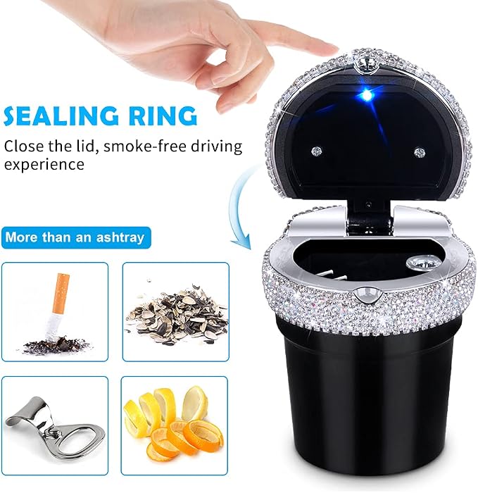 eing Car Ashtray Portable Bling Cigarette Smokeless Cylinder Cup Holder with Blue LED Light Indicator,Car Accessories for Women,Ideal for Car,Home and Office,2 - Pack Black+White