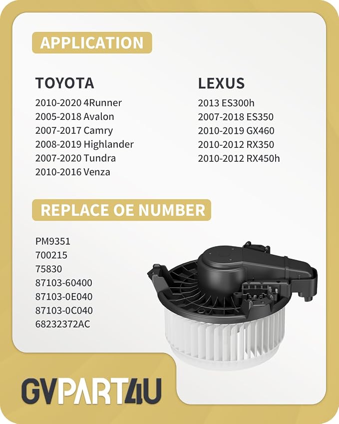 Front Blower Motor 700215 for Toyota Tundra Camry 4Runner Highlander Venza Avalon 2007 2008 2009 2010 2011 2012 2013 2014 2015 2016 2017 2018, for 2007-2019 Lexus OE: PM9351 75830 871030E040