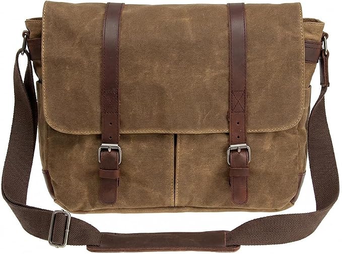Vintage Genuine Leather Waxed Canvas Briefcase Large Satchel Shoulder Bag Rugged Computer 15.6" Laptop Bag