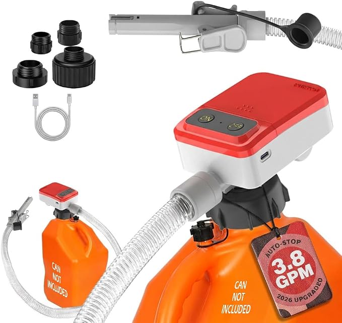 PETASOON Patented Fuel Transfer Pump Battery & USB Powered Operated 3.8GPM Gas Can Electric Pumps Transfer Gasoline Diesel Oil Liquid Water with Auto Stop and Racing Can Adapter(Gas Can Not Included)