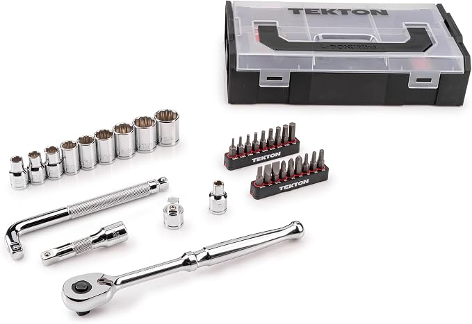 TEKTON 3/8 Inch Drive 12-Point Socket, Bit Ratchet Set, 32-Piece | SKT96101