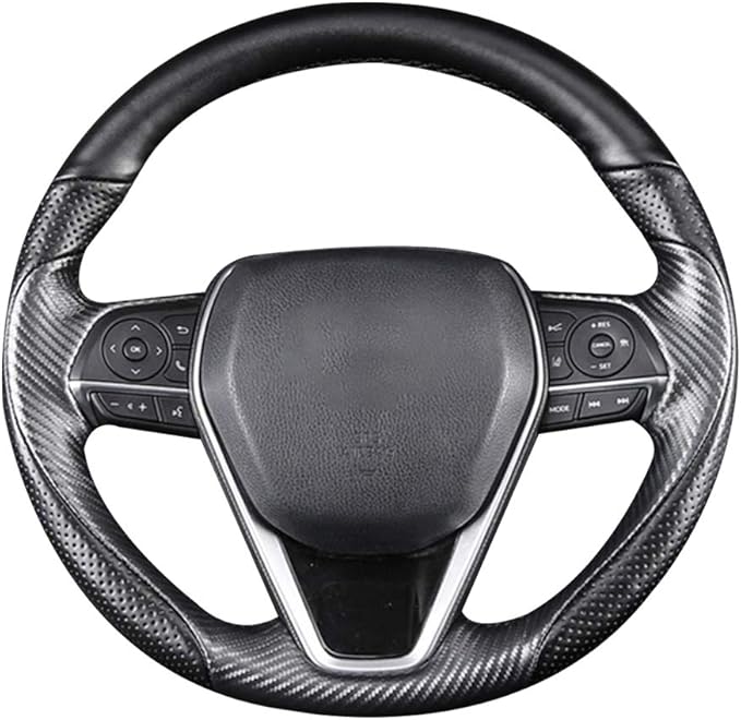 Matte Black Carbon Fiber & Nappa Leather Interior Accessories Steering Wheel Cover Hand-Stitch on Wrap Fit for Toyota RAV4 SUV 2019-2021 / Avalon 2019-2021 / Camry 2018-2021 / Corolla 2020-2021