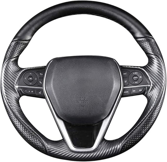 Matte Black Carbon Fiber & Nappa Leather Interior Accessories Steering Wheel Cover Hand-Stitch on Wrap Fit for Toyota RAV4 SUV 2019-2021 / Avalon 2019-2021 / Camry 2018-2021 / Corolla 2020-2021