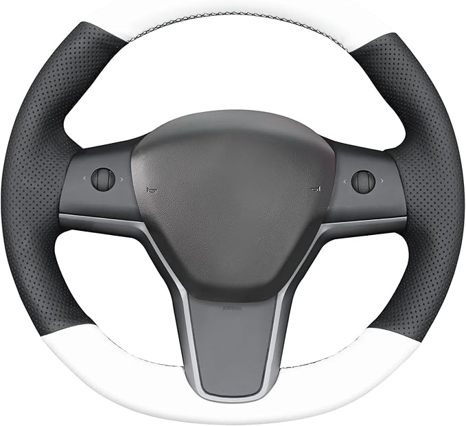 MEWANT Hand Stitch Black White Faux Leather Steering Wheel Cover Wrap for Tesla Model Y 2020-2023 Tesla Model 3 2020