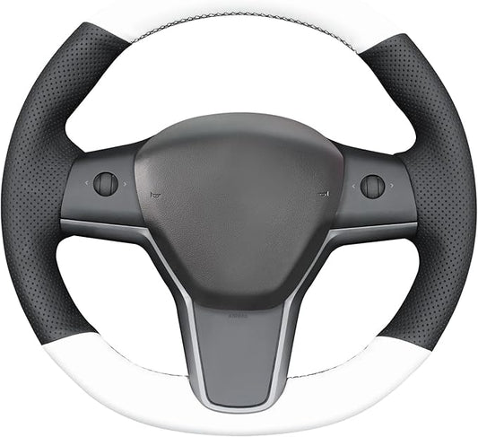 MEWANT Hand Stitch Black White Faux Leather Steering Wheel Cover Wrap for Tesla Model Y 2020-2023 Tesla Model 3 2020