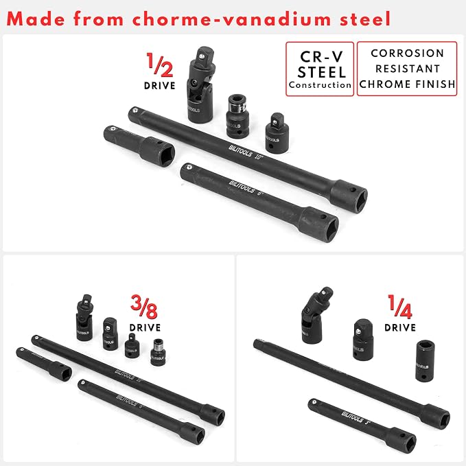 BILITOOLS Socket Adapter Set 17 Piece includes Reducer, Universal Joint Socket Set, Drill Adapter 1/4" 3/8" 1/2"& 18-Piece Drive Tool Accessory Set, includes 1/4" 3/8” & 1/2” Drive Socket E