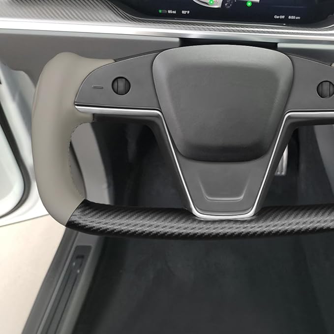 MEWANT DIY Grey Genuine Leather Black Matte PU Carbon Fiber Steering Wheel Wrap for Tesla Model S Plaid Yoke Model X