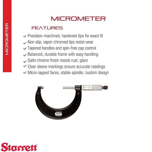Starrett Outside Micrometer with One-Piece Spindle, Satin Chrome Finish and Advanced Sleeve Design - Quick and Easy Adjustment, 25-50mm Range, .001mm Graduation - V436.1MXRL-50