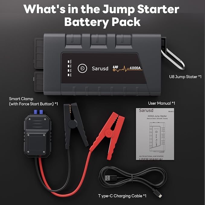 Car Jump Starter 4000A Car Battery Booster Jump Starter Up to 7L Gas/5.5L Diesel 12V Auto Battery Pack Portable Jump Starter Box with Jumper Cables, IP67 Waterproof, USB Cable & LED Light (U8)