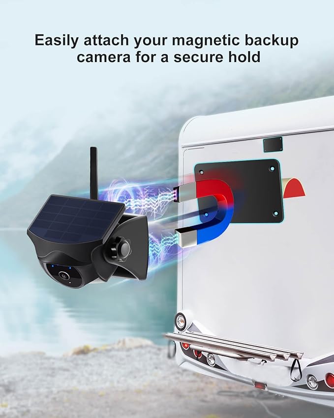 1080P Solar Wireless Backup Camera and Metal Plate - Magnetic Hitch Rear Camera with Night Vision, 365-Day Standby, Waterproof, Rechargeable Battery for Horse Trailer RV Truck Car