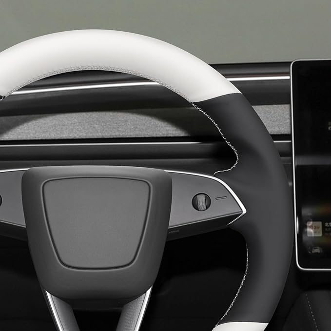 MEWANT Hand Stitch Black White Faux Leather Steering Wheel Cover Wrap for Tesla Model 3 Highland 2025 Model Y Juniper