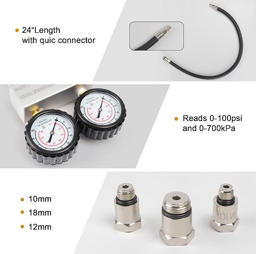 Cylinder Leak Down Tester Kit, Cylinder Gas Leakage Detector | Dual-Gauge 0-100PSI/700kPa CLD200M Cylinder Gas Leakage Detector 10-18mm Spark Plugs Gas Engine Diagnostic Tool, Black