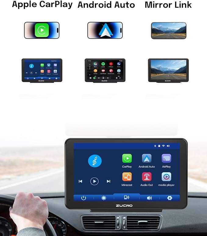 7 Inch Wireless CarPlay Screen for Car, Portable Car Stereo Touch Screen for Apple CarPlay & Android Auto with Backup Camera, Voice Control, BT Music, Navigation, Mirror Link