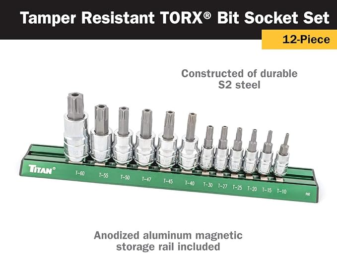Titan 16121 12-Piece Tamper Resistant Torx Bit Socket Set, Magnetic Socket Organizer with Laser-Etched Size Markings