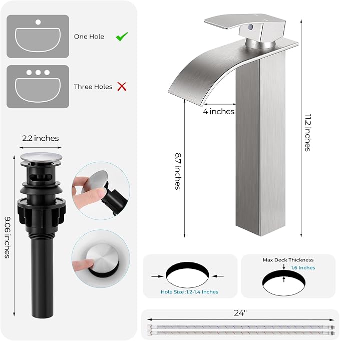Nickel Bathroom Faucets, Tall Waterfall Bathroom Sink Faucet Modern Single Handle Bathroom Faucte 1 Hole, Tall Spout Vessel Faucet Mixer Tap Washbasin Faucet with Pop-up Drain, Supply Hoses