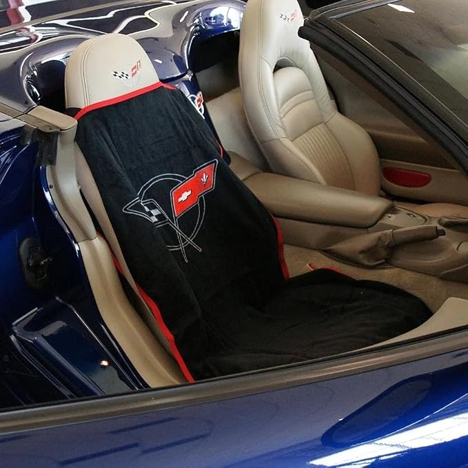 SR1 USA C5 Corvette Seat Cover Seat Towels - 100% Cotton - Interior UV Protection with Crossed Flags Logo for 1997-2004 C5 & Z06 Corvettes Accessories (Black, Set)
