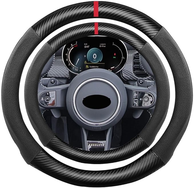 Suede Carbon Fiber Steering Wheel Cover, Compatible with Mini Cooper Hardtop Convertible Clubman Countryman 15 inch Soft SuedeTouch Leather Sport Non-Slip Automotive Interior Accessories