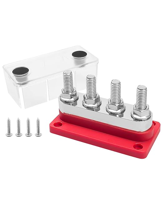 GMURA Bus Bar Terminal Block 12-48V 600A Max, 4 M10 Studs (3/8") High Current Copper Busbar Terminal Block with Waterproof Cover, Marine Heavy Duty Bus Bar Power Distribution Block, Red