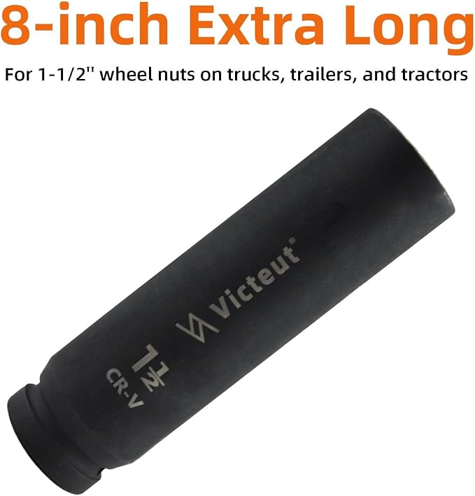 1" Drive 1-1/2" Extra Deep Impact Socket, 8-Inch (200mm) Long, 6-Point Truck & Trailer & Tractor Wheel Nut Socket, Heat Treated Cr-V Alloy Steel, One-Piece Forged, No Torque Loss