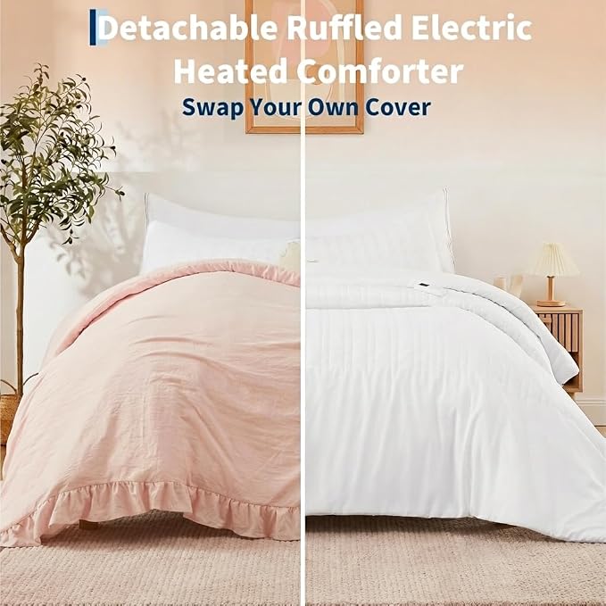 Heated Comforter Blanket with Ruffle, Wireless LCD Controller Electric Quilt - Fast Heating, Overheat Protection, ETL Certified, Machine Washable