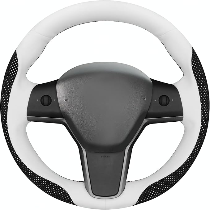 MEWANT Hand Stitch Steering Wheel Cover for Tesla Model 3 2017-2023 Model Y 2020-2023 Black Mesh Athsude White Microfiber Leather Wrap Protector Non-Slip Breathable