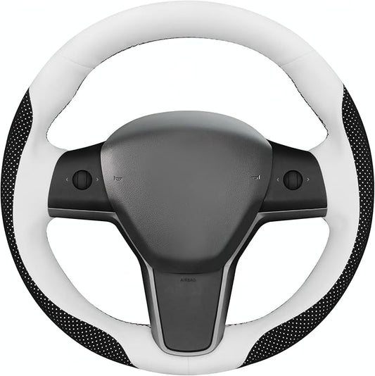 MEWANT Hand Stitch Steering Wheel Cover for Tesla Model 3 2017-2023 Model Y 2020-2023 Black Mesh Athsude White Microfiber Leather Wrap Protector Non-Slip Breathable