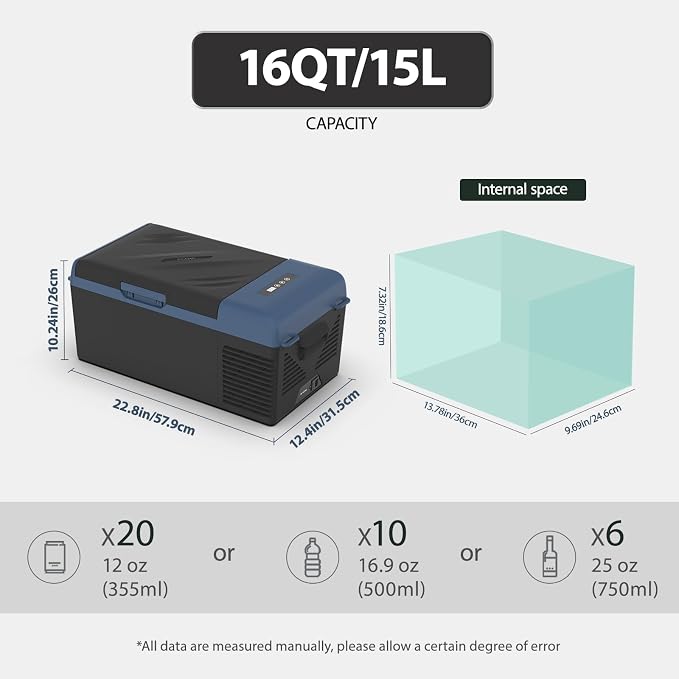 KI15 12 Volt Refrigerator,Portable Freezer,16 Quart(15L) Car Cooler,12V Car Fridge,12/24V DC 100-240V AC for Camping, Travel, Truck, RV, Boat -4℉~68℉