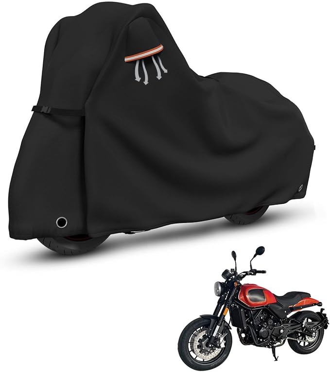 STARTWO Motorcycle Cover Lock-Holes and Storage Bag All Season Universal Night Reflective Universal Heavy Duty Motorcycle Vehicle Cover-86 L x 41" W x 50" H Black