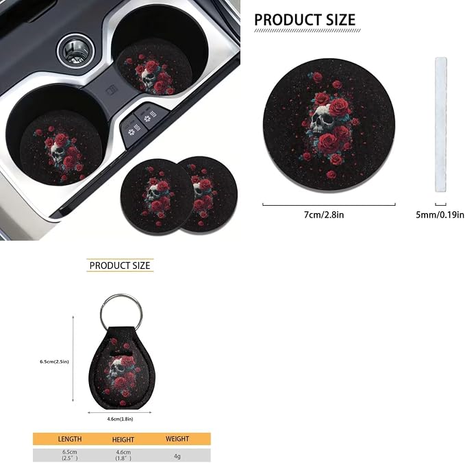 Suobstales Rose Skull Print Car Seat Cover for Women Full Set SUV Interior Accessories Front/Back Bench Bucket Seat Cover, Steering Wheel Cover, Seat Belt Cover, Cup Holder Coasters, Keychain