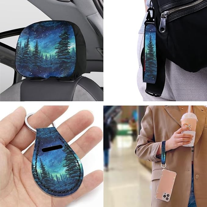 Starry Night Forest Hand Drawing Car Seat Cover Full Set Universal Starry Sky Tree Painting 13 Pcs for Front and Back Seat Cover Keychains for Trucks Sedan SUV
