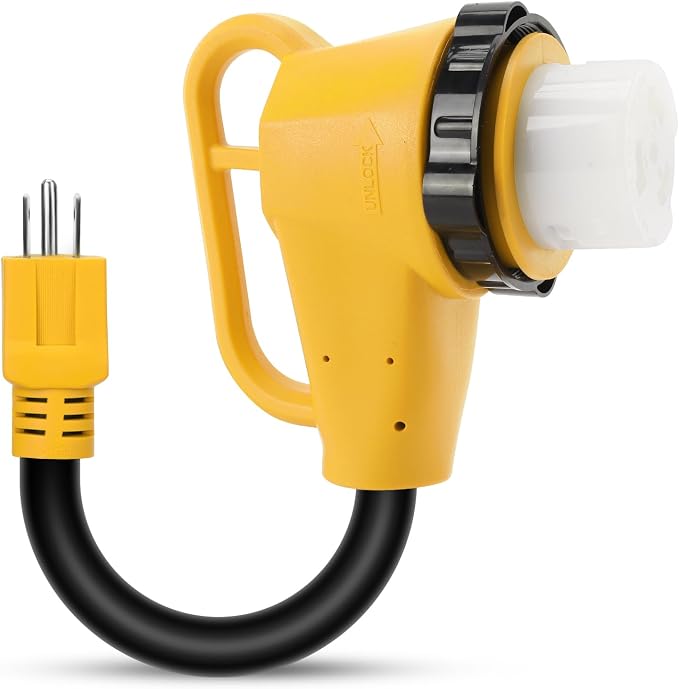 RV 50 Amp to 110 Adapter with Locking Connector, 50 Amp to 15 Amp RV Adapter, NEMA 5-15P to NEMA SS2-50R Electrical Power Adapter with Upgraded Grip Handle, ETL Listed, 3-Year Warranty