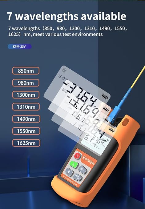 FTTH Fiber Optic Power Meter 7 Wavelengths KPM-25V OPM -70~+10dBm & LED Light & Independent VFL Function Test Distance 5-8km5-8km Accuracy: +0.2dB