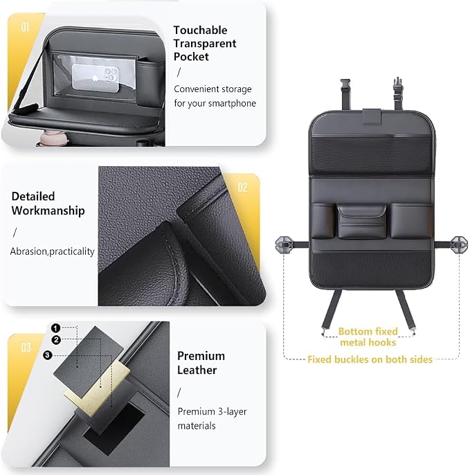 Tumecos Car Backseat Storage Bag with Foldable Table Tray,Large Capacity Seat Back Organizer,Car Kick Mat with Touch Screen Phone Holder,Multifunctional Backseat Protector Cover Pad (Style B)