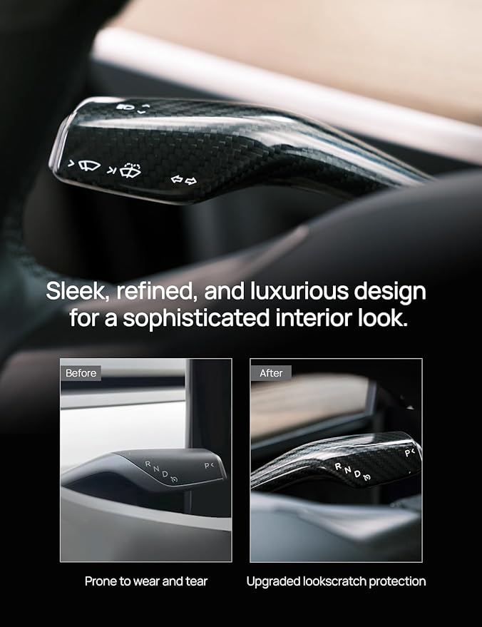 TPARTS Steering Lever Cover for Tesla Model 3 (2018-2023) Model Y (2020-2024),Real Carbon Fiber Stalk Gear Column Shift Cover Tesla Steering Wheel Accessories 2 PCS (Glossy Black)