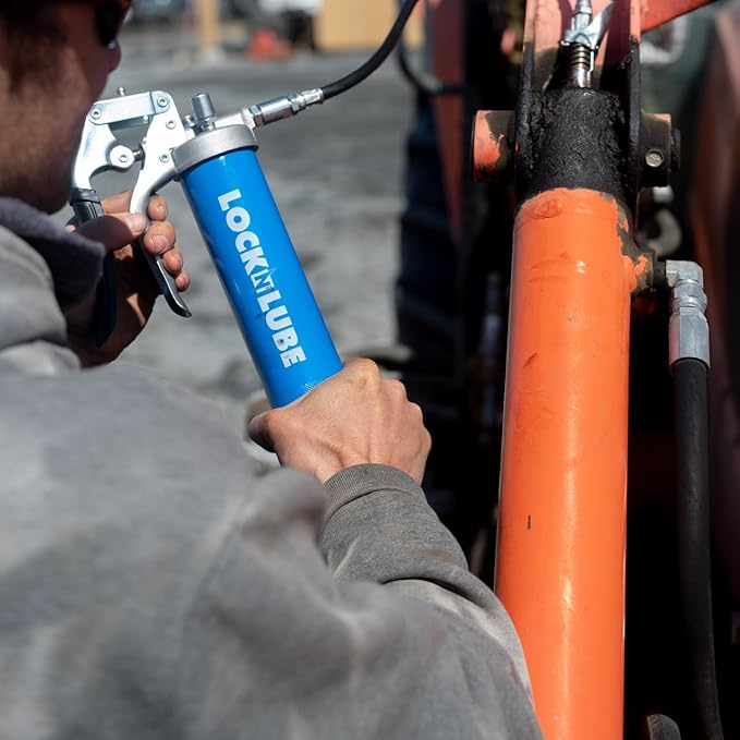 LockNLube Heavy-Duty Pistol Grip Grease Gun (Blue). Includes our patented LockNLube® Grease Coupler (Locks On, Stays On, Won't Leak!) plus a high-quality 20" hose and in-line hose swivel