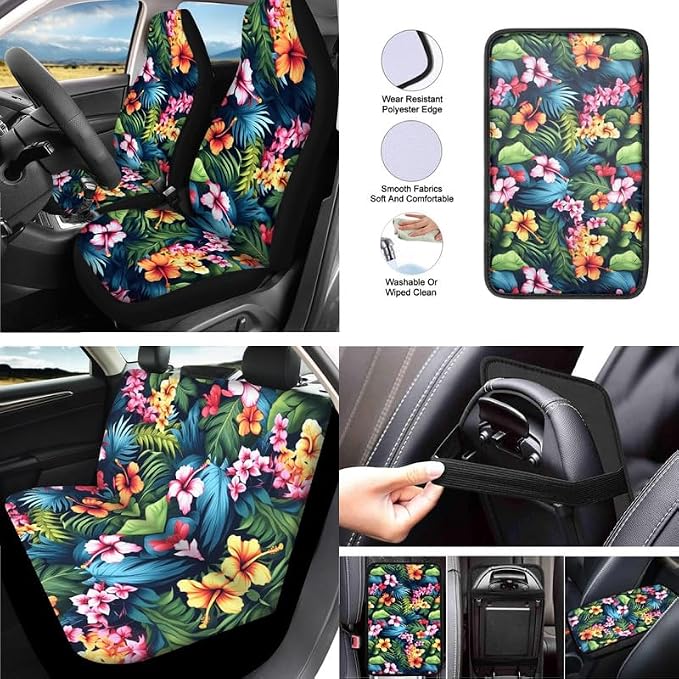 Hawaiian Hibiscus Monstera 13 Pieces Car Seat Cover Full Set for Women Men Tropical Flower Hand Drawing Steering Wheel Cover Auto Seat Universal for,SUV,Sedan,Van