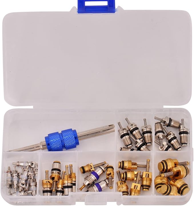 A/C Repair Starter Kit | HVAC Service Ratchet Wrenches (2) - Settings: 1/4" - 3/8" - 3/16" - 5/16" | Valve Core Assortment Set for R12 - R134a Refrigeration Leak Fix | Wrench Includes Hexagon Bits