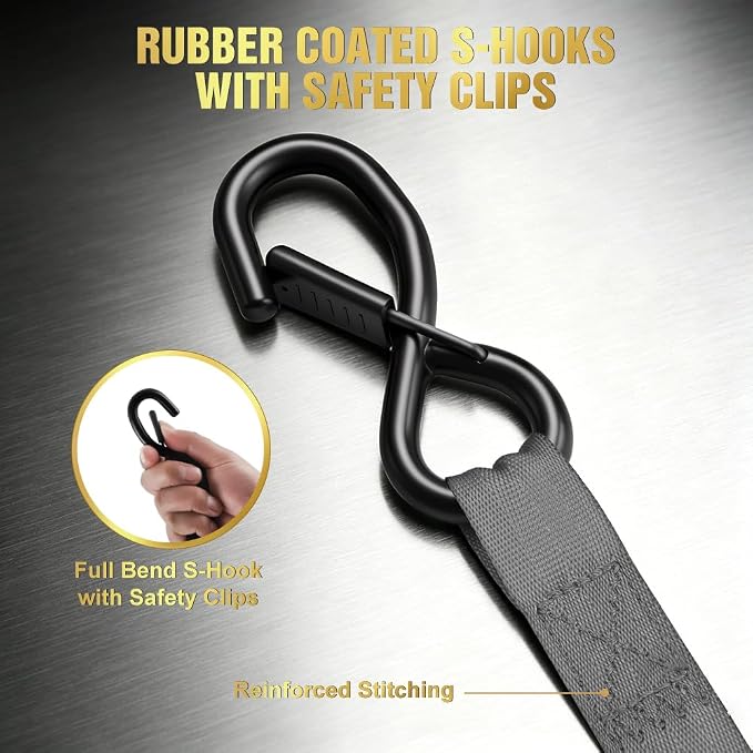 Retractable Ratchet Straps (4-Pack) - 1 Inch x 15 Feet (1,764lb Break Strength) - Auto Self Retracting Tie Down Straps Heavy Duty for Motorcycle, ATV, UTV, Truck, Cargo Trailer – Grey