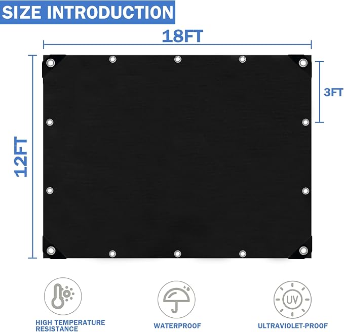 12x18FT Tarps Heavy Duty Waterproof, Large Heavy Duty Tarps with Grommets Reinforced Edges, UV Resistant, Tear&Fade Resistant, 16 Mil Black Cover for Camping Patio Roof Boat Outdoor