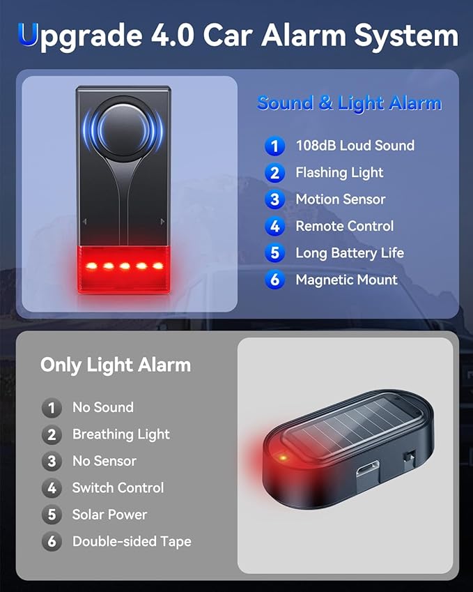 108dB Car Alarm System, Vehicle Anti-Theft Vibration Sensor Alarm & Red Light, Wireless Remote Anti Theft Car Device with Magnetic Install Design for Car, Truck (Upgrade 4.0)