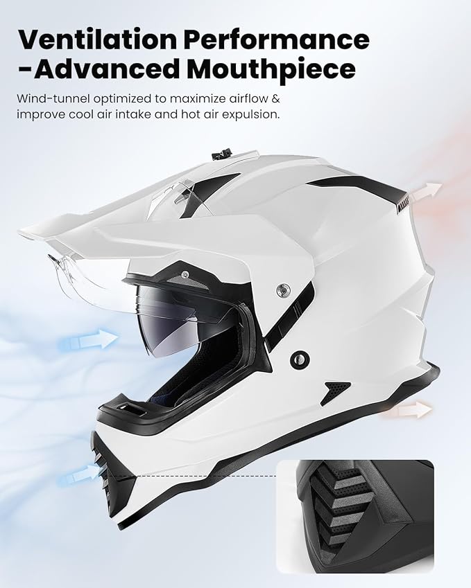 ILM Dual Sport Adventure Motorcycle Helmet with Pinlock Compatible Sun Visor Snowmobile ATV Dirt Bike Off Road Casco Model WS902 (White, 2XL)