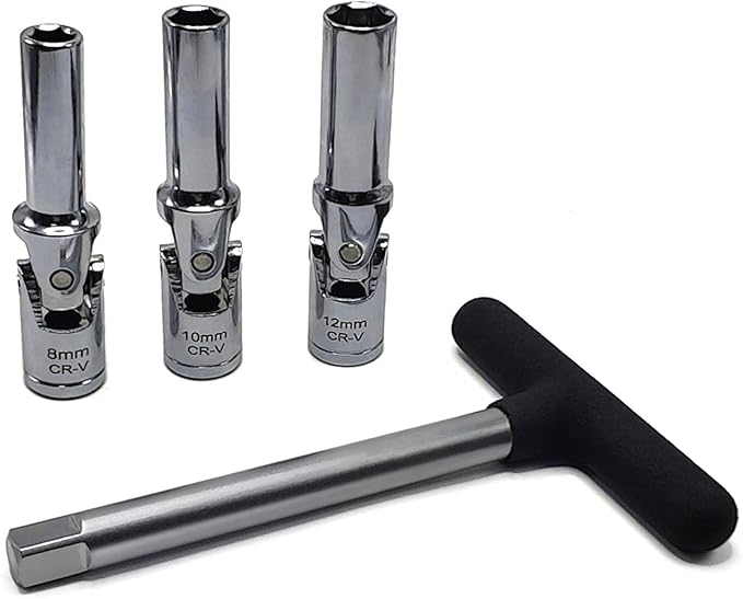 4PCS Glow Plug Socket Set with 3/8" Dr T-Bar, Universal Joints(8mm, 10mm, 12mm), Broken Glow Plug Removal Tool, Glow Plug Wrench Extractor Kit