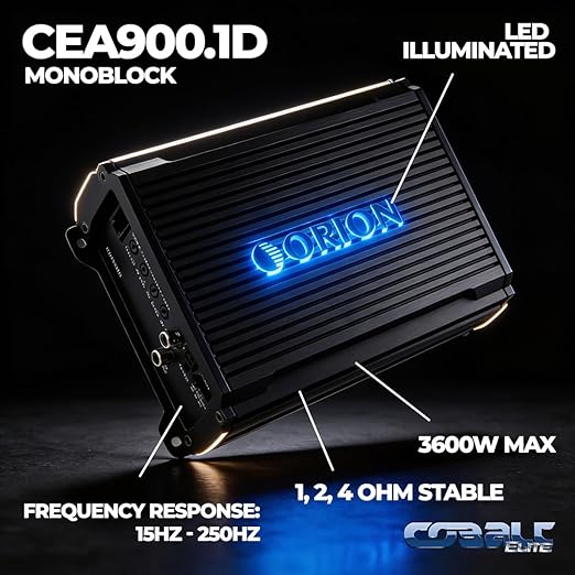 Orion Cobalt Elite CEA900.1D Class-D Monoblock Compact Car Subwoofer Amplifier, 900W RMS, 1/2/4 Ohm Stable, Adjustable Low Pass & Subsonic Filter, Bass Boost, MOSFET Power Supply, Bass Knob Included