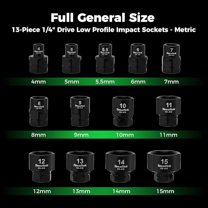 TecoTek 13-Piece 1/4-Inch Drive Metric Low Profile Impact Socket Set, Stubby Socket Set, 4mm to 15mm, No Skips Sizes, 6 Point, Cr-Mo, Shorter Socket for Tight Areas