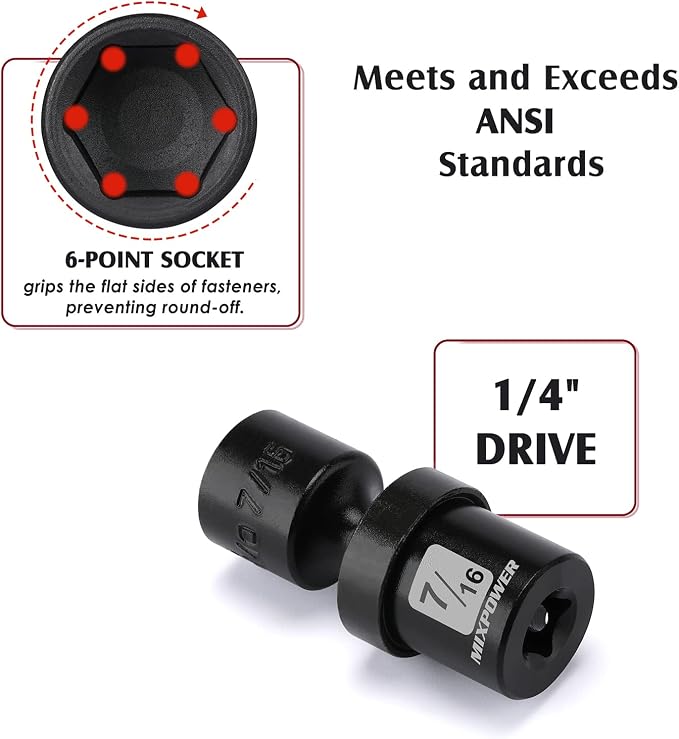 MIXPOWER 6PCS 1/4" Drive SAE Shallow Universal Impact Socket Set, 1/4" - 9/16", Swivel Socket with Flexible Wobble, CR-MO