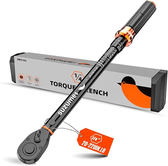 SUZUME 1/4 Torque Wrench (20-220 In.Lb/ 2.3-24.9 N.m) ±3% High Accuracy Torque Wrenches 72 Tooth Dual-Direction Adjustable Dual-Scales Inch Pound Torque Wrench for Bike
